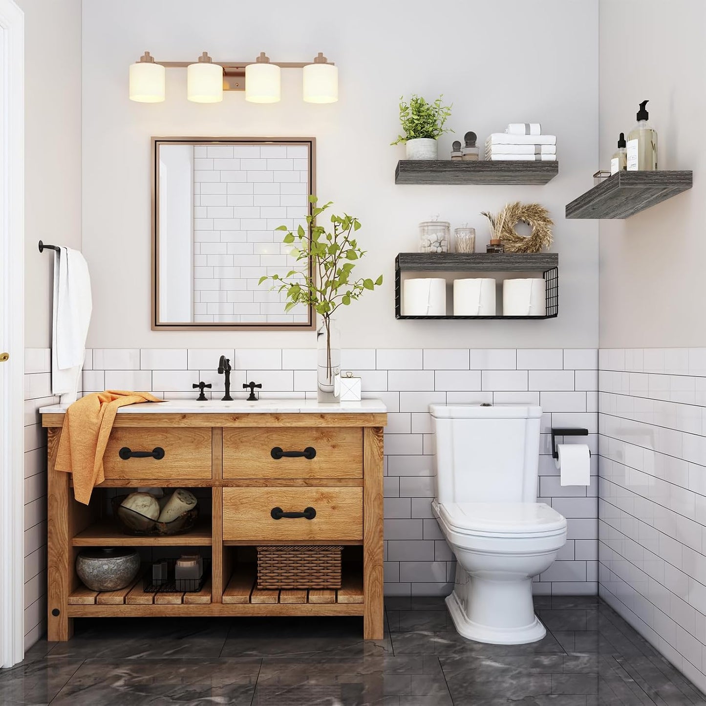 QEEIG Bathroom Shelves Over Toilet - Wall Mounted Floating Storage | Set of 3 Grey 16-Inch Farmhouse Decor