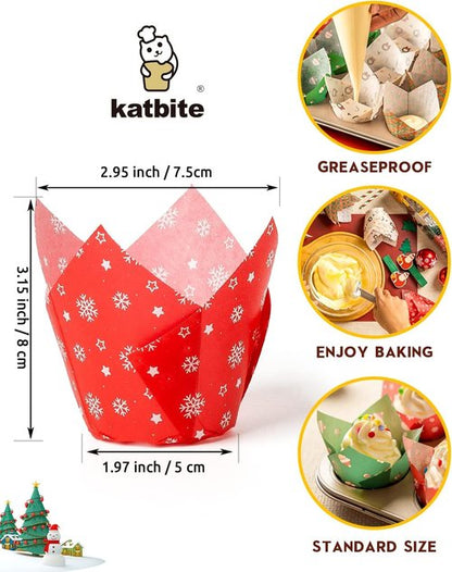 Katbite Christmas Tulip Cupcake Liners - 200PCS Muffin Baking Cups for Festive Treats