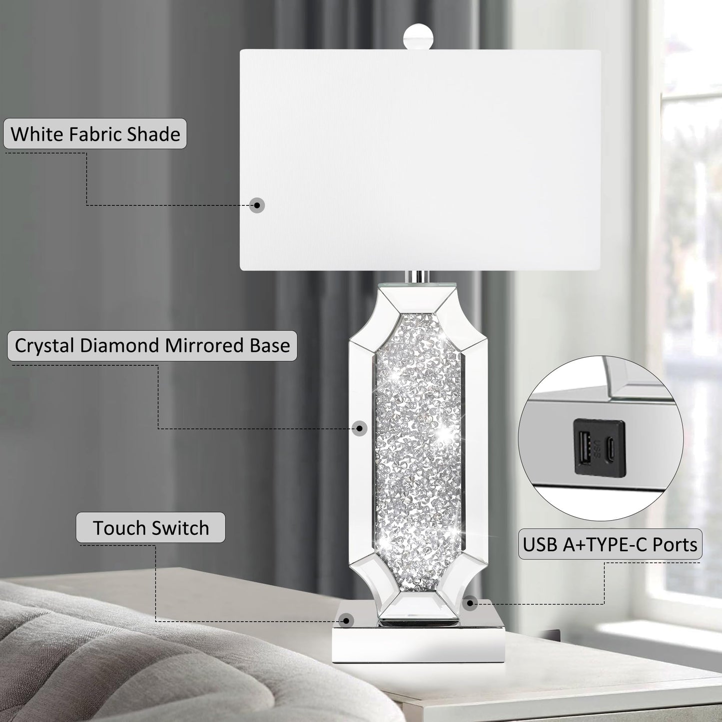 3-Way Dimmable Touch Diamond Crushed Mirrored Bedside Table Lamps Set of 2 for Living Room with USB A+C Ports,Tall Silver Modern Bling Nightstands Lamps for Bedroom with 2 Bulbs