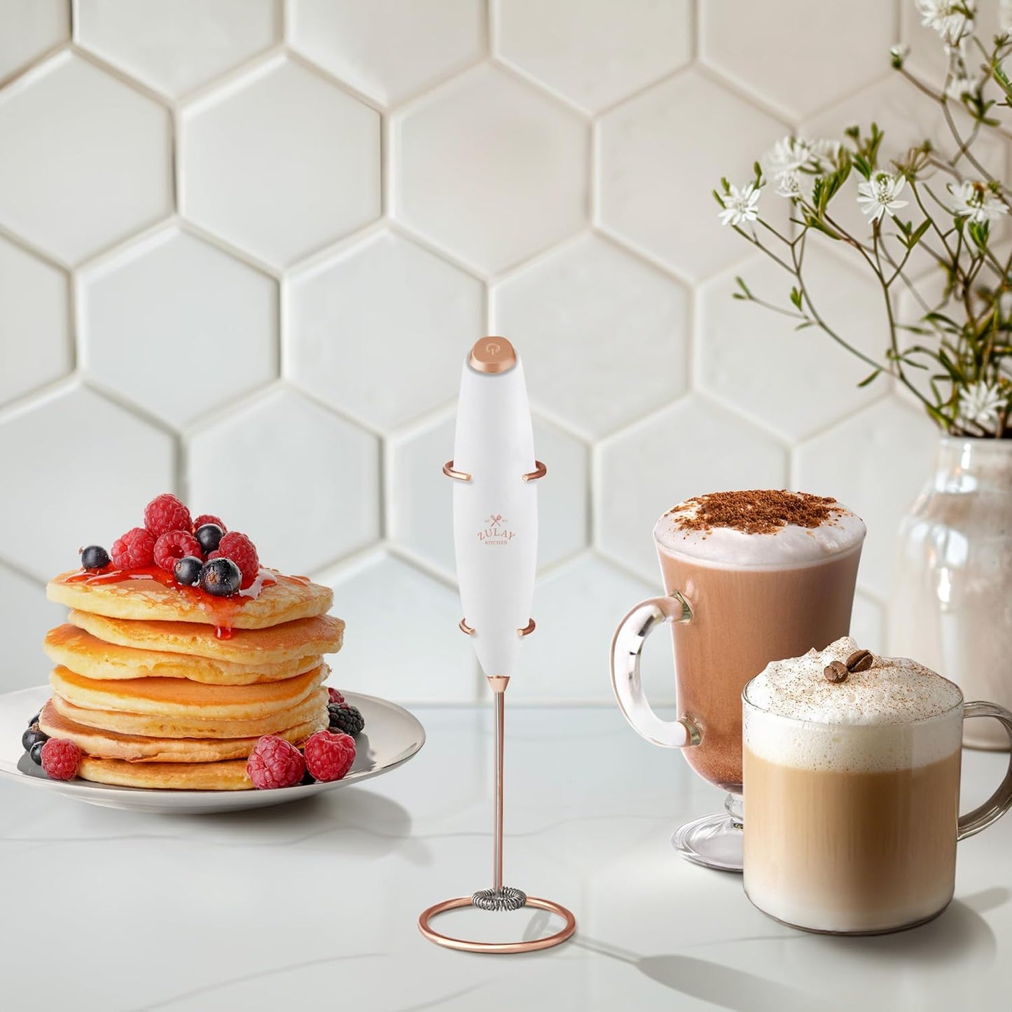 Zulay Kitchen Milk Frother Wand - Ultra-Fast Electric Whisk for Coffee & Lattes - White & Rose Gold