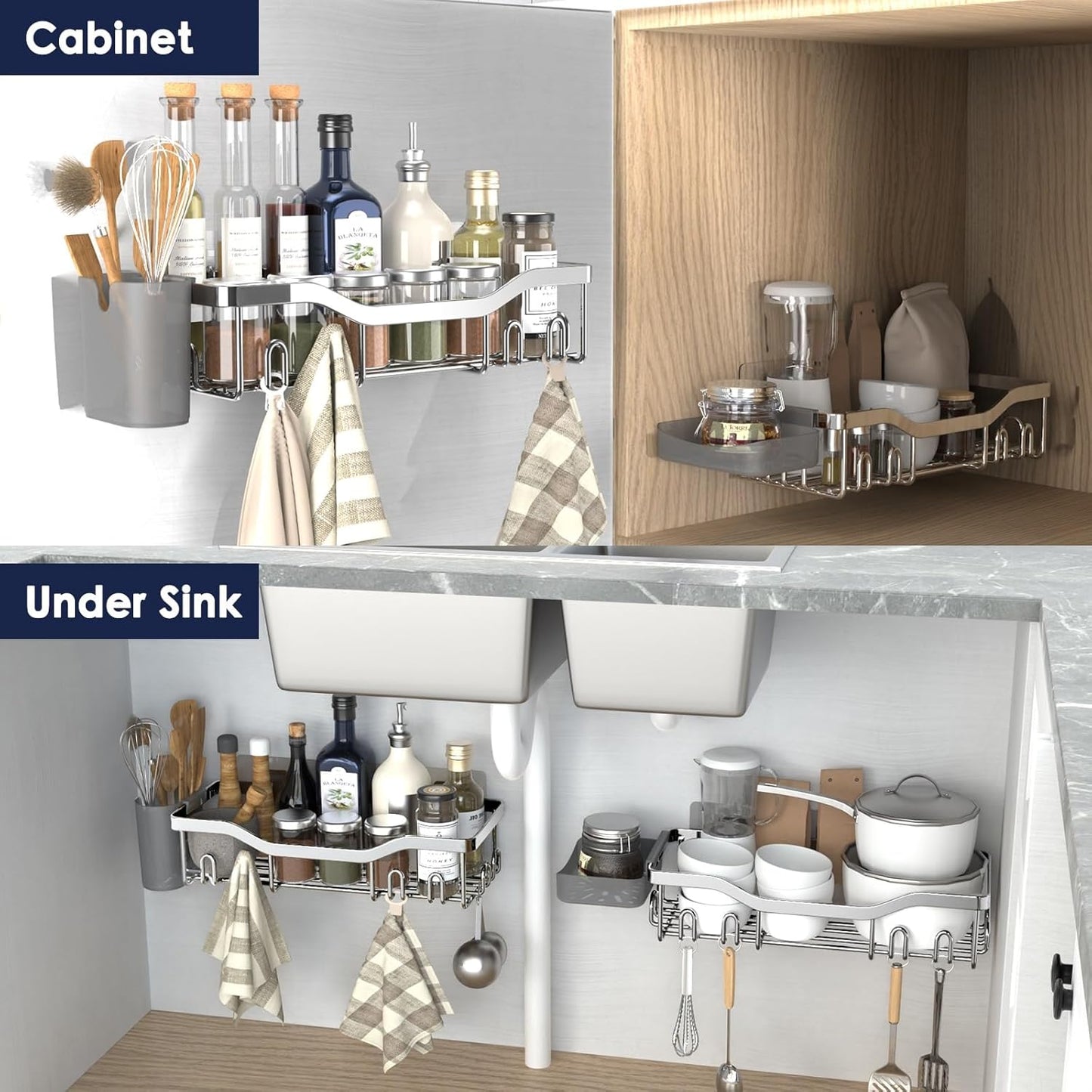NESOMI Shower Caddy - Adhesive Bathroom Organizer with Soap Dish & 16 Hooks | Rustproof Stainless Steel, 2 Pack Silver