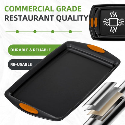 Premium Carbon Steel Baking Pans Set by [Brand Name] - 5-Piece Nonstick Bakeware with Red Silicone Handles