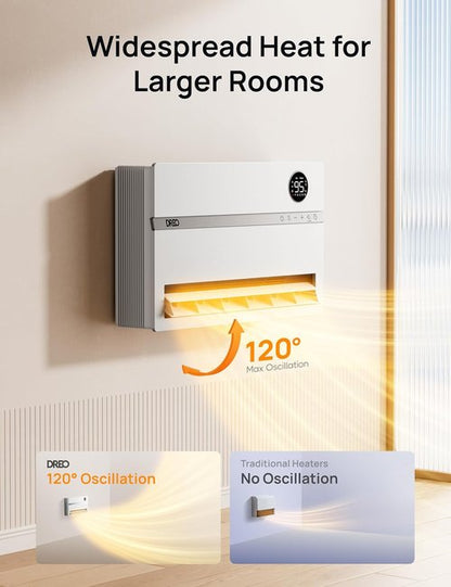 DREO Wall Heater - Smart 1500W Space Heater with 120° Oscillation & Adjustable Thermostat | Ideal for Bathroom, Bedroom, Office
