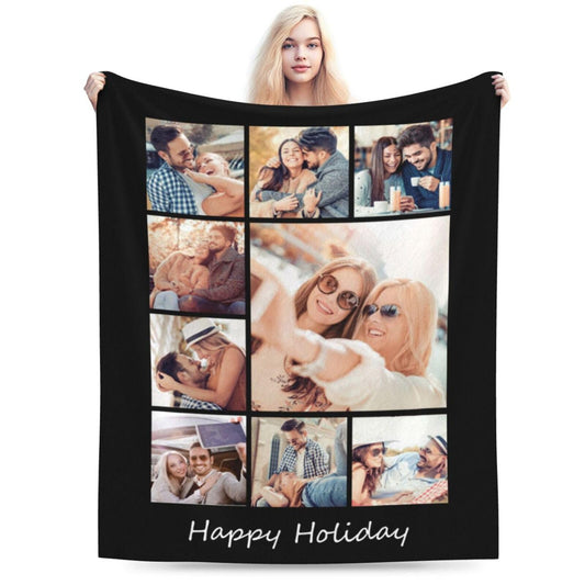 DYAGSIO Customized Blanket with Picture Design Your Text Logo Photos Blankets Personalized Birthday Mothers for Dad Mom Men Women, 9 Photos Design2