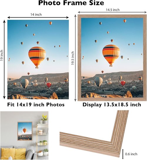 JCJMY 14x19 Picture Frame - Rustic Brown Wall Gallery Frame with Shatter-Resistant Plexiglass
