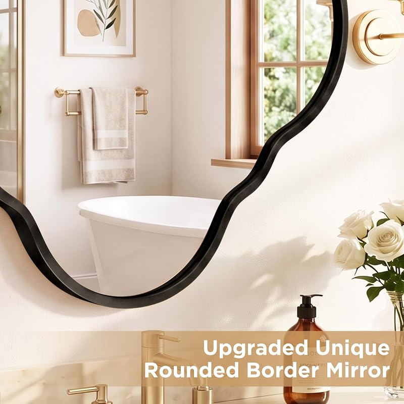 32x32 Inch Irregular Black Bathroom Mirror - Wall Mount with Brushed Aluminum Frame (Variation: Black+31.5"L x 31.5"W)