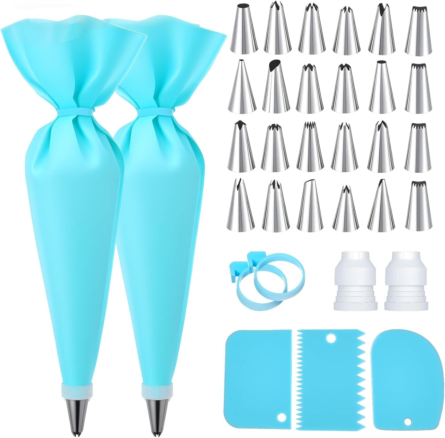 Skiennix Piping Bags and Tips Set - Reusable Cake Decorating Supplies with 24 Icing Tips & Scrapers