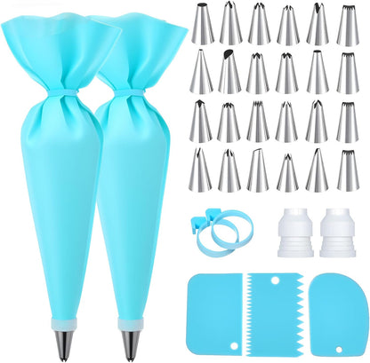 Skiennix Piping Bags and Tips Set - Reusable Cake Decorating Supplies with 24 Icing Tips & Scrapers