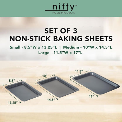 Nifty Cookie & Baking Sheets Set - Non-Stick Steel, Dishwasher & Oven Safe, Includes 3 Sizes