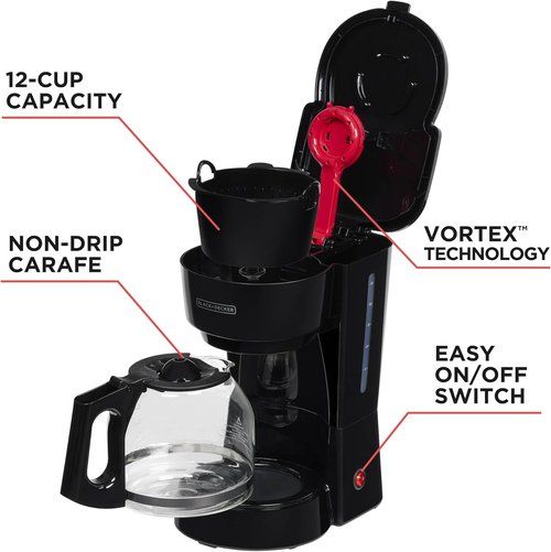 BLACK+DECKER 12-Cup Coffee Maker - Easy On/Off Switch & Non-Drip Carafe | Vortex Technology, Black