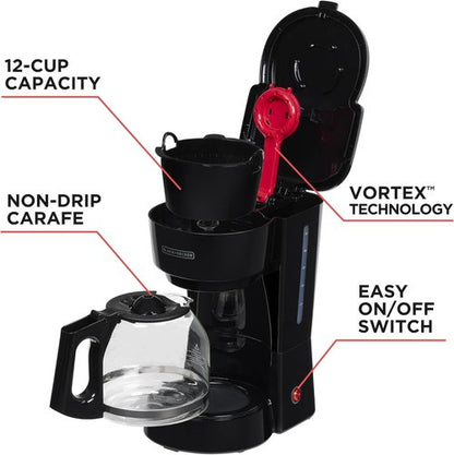 BLACK+DECKER 12-Cup Coffee Maker - Easy On/Off Switch & Non-Drip Carafe | Vortex Technology, Black