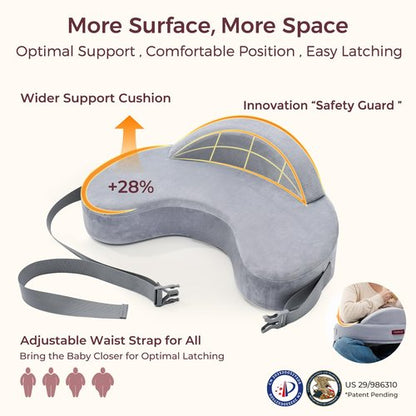 Momcozy Innovative Safety Guard Nursing Pillow - Firm & Springy Memory Foam - Stable, Ergonomic Support & Comfort - Wider Breastfeeding Cushion, Adjustable, Removable Cover, Baby Safety Certified