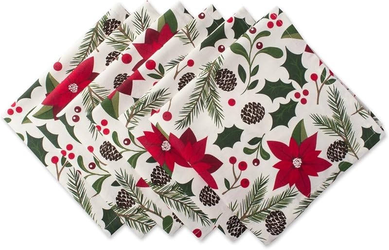 Napkin Set 20x20 Inches (6 Pcs) Poinsettia & Christmas Greenery – DII Woodland Holly