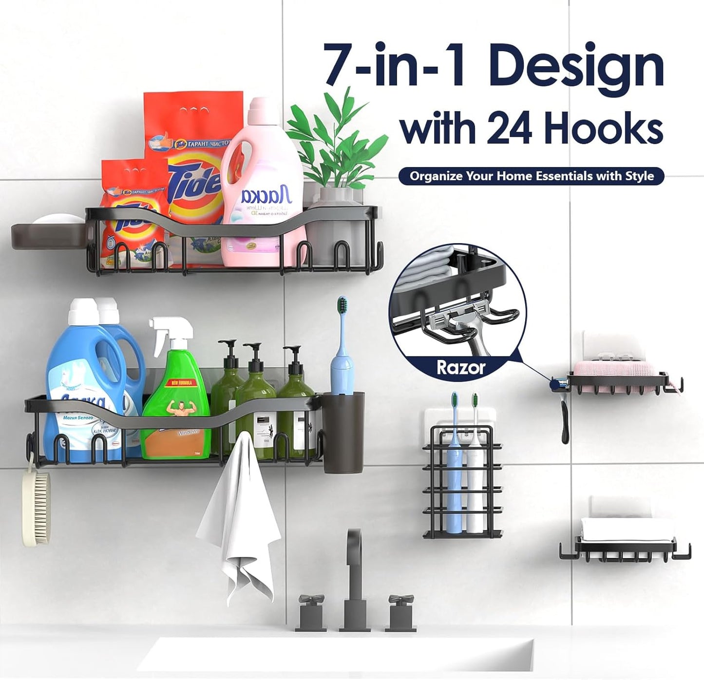 NESOMI Shower Caddy - Rustproof Stainless Steel Organizer with Soap Dish & Hooks | 7-Pack Large Capacity
