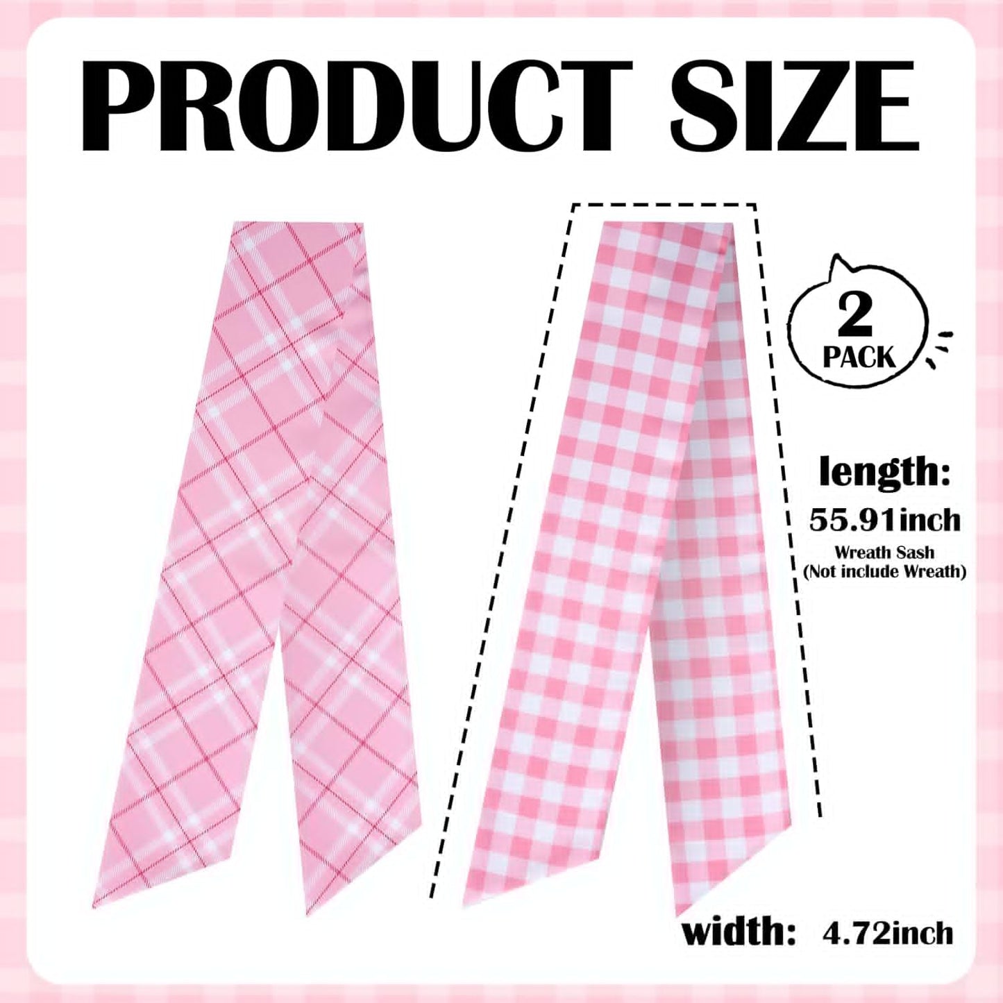 Pink Plaid Wreath Sash - 2 Pcs 60 Inch Buffalo Plaid Sashes for Valentine's Day Home Decor | Wedding & Baby Shower
