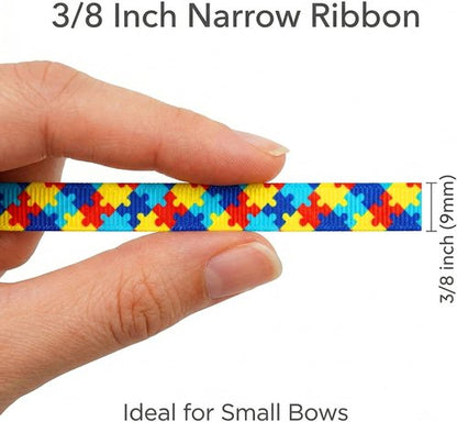 3/8" Narrow Autism Awareness Ribbon - 25 Yards Thin Grosgrain for Hair Bows & Crafts