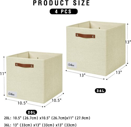 Bagnizer Collapsible Storage Cube Bins - Foldable Organizer Baskets with 2 Handles | 13"x13"x13", 4 Pack, Beige