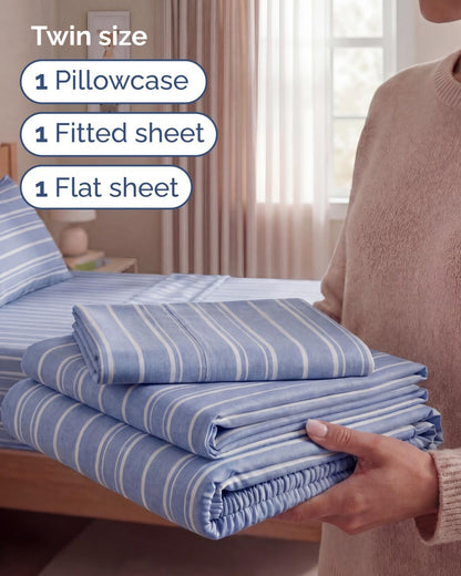 Skiennix Twin Size Sheet Set - Comfy Cooling Bed Sheets with Deep Pockets - Luxury Oeko-Tex Blue Stripes