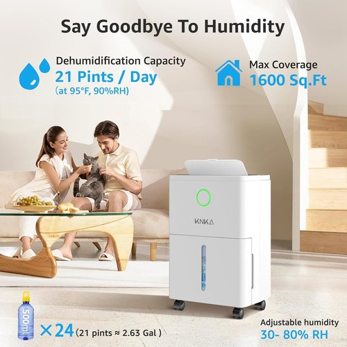 KNKA Dehumidifier - 1600 Sq.Ft. Capacity | 21 Pint Home Unit with Drain Hose & Intelligent Humidistat