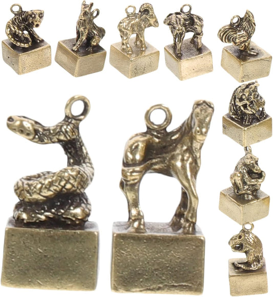 Skiennix 12Pcs Vintage Brass Zodiac Figurines - Cute Chinese Zodiac Statues for Home Decor | Key Chain Charms