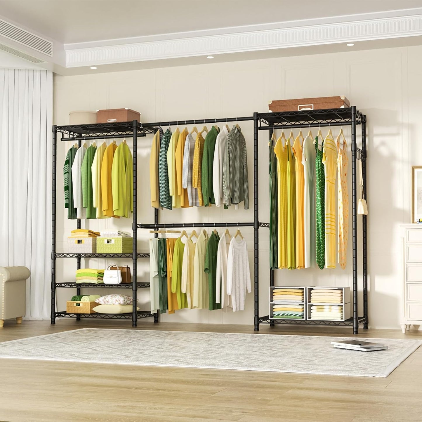 Ulif E1 Heavy Duty Closet Garment Rack - 6-Tier Adjustable Metal Storage | Expandable Wardrobe, Black, 71.4" H x 70"-88.2" L x 14" D