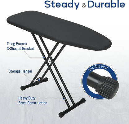 RAINHOL Ironing Board - Compact Full-Size Design with Iron Rest & Heat-Resistant Pad | 43x13 Inches, Black