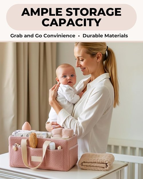 Baby Diaper Caddy Organizer - Portable Changing Mat & Removable Dividers - Teddy Fleece Design