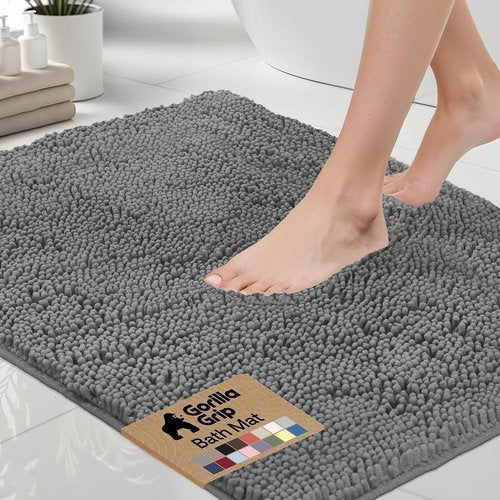 GORILLA GRIP Bath Rug Mat - Soft Absorbent Chenille with Quick Dry Microfiber | 24x17 Grey Washable Bathroom Accessory