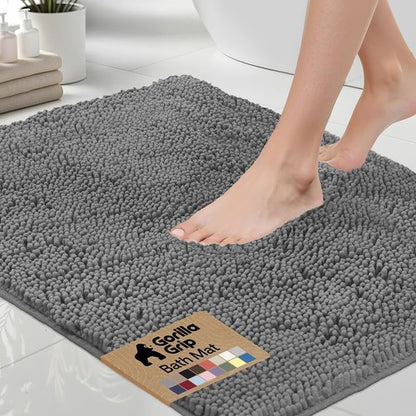GORILLA GRIP Bath Rug Mat - Soft Absorbent Chenille with Quick Dry Microfiber | 24x17 Grey Washable Bathroom Accessory