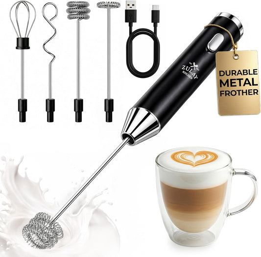 Zulay Kitchen Rechargeable Milk Frother - Handheld Electric Drink Mixer with 3 Whisk Attachments | USB-C Charging, Lasts 6 Months
