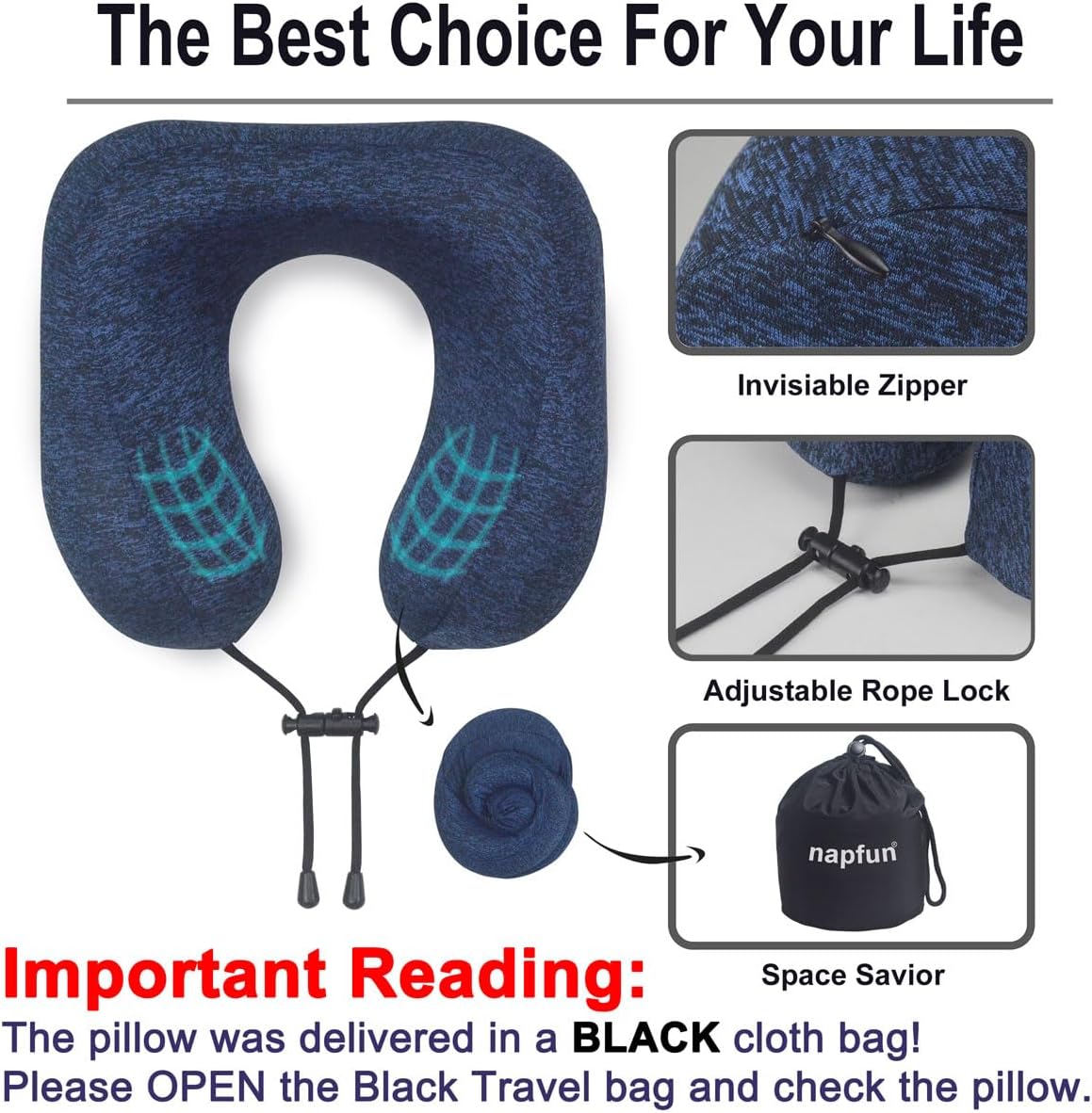 Napfun Travel Neck Pillow - Upgraded 100% Pure Memory Foam for Airplane Comfort | Portable Blue Headrest