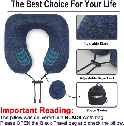 Napfun Travel Neck Pillow - Upgraded 100% Pure Memory Foam for Airplane Comfort | Portable Blue Headrest