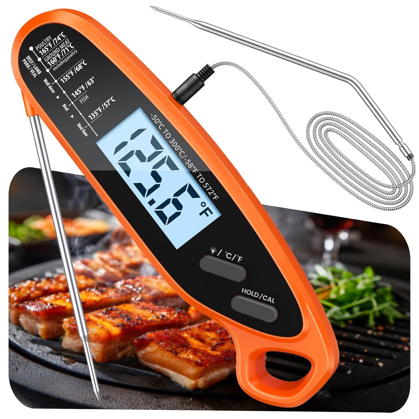 Skiennix Digital Meat Thermometer - Dual Probe Instant Read with Large Backlit Display | Perfect for BBQ, Grill, Oven, and Candy Cooking