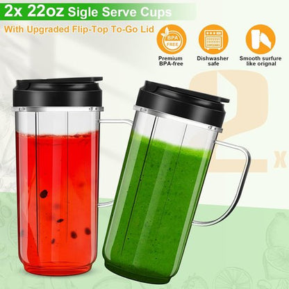 Magic Bullet Blender Cups - 22oz Tall Replacement Cups with Flip Top To-Go Lid | 2 Pack