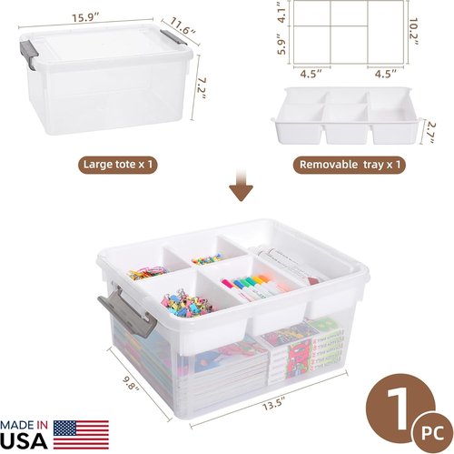 Citylife 17 QT Clear Plastic Storage Box - Removable Tray for Craft Organizing & Bead Storage