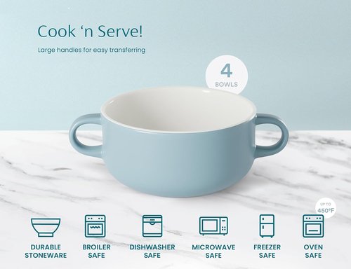 Kook Ceramic Soup Crocks - Oven & Microwave Safe Bowls with Handles | 18 oz, Set of 4 in Pale Blue