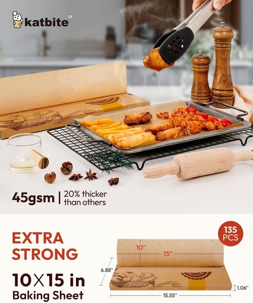 Katbite 135 Pcs Pop-Up Parchment Paper Sheets - Heavy Duty Non-Stick 10x15 In Unbleached Baking Paper