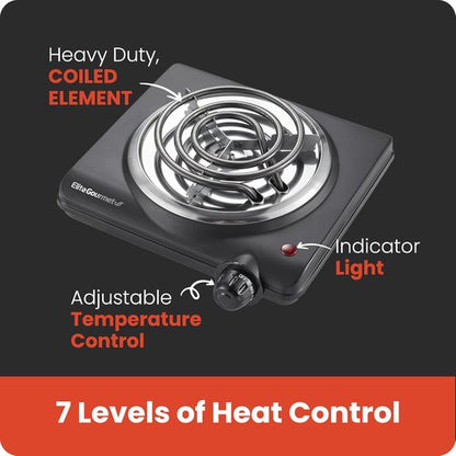 Elite Gourmet Electric Hot Plate - Single Coiled Burner with Temperature Control | Easy to Clean, Black