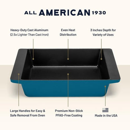All American 1930 XL Bake Pan - Durable Ceramic Non-Stick Coating - Berry Blue - PFAS Free & Oven Safe