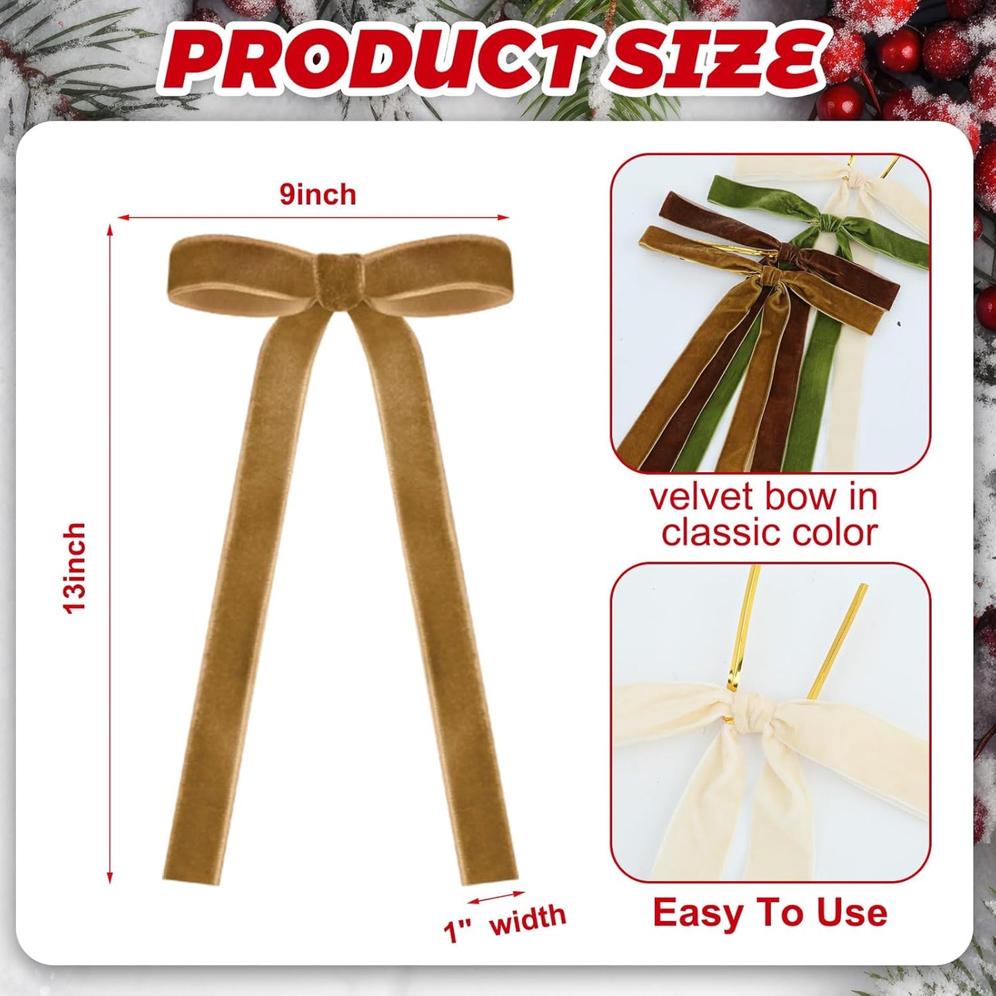 Skiennix 24 Pcs Velvet Bows - Vintage Ribbon Bows for Christmas Tree & Crafts | Brown, Khaki, Beige, Moss Green (9 x 13 Inch)
