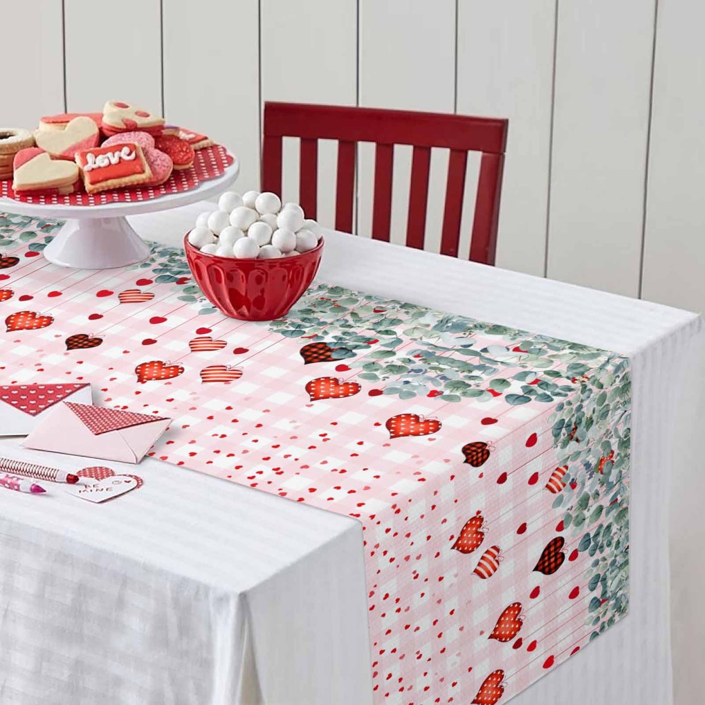 Eucalyptus Love Hearts Valentine's Day Table Runner, Pink Buffalo Plaid Cotton Linen Tablecloth Spring Farmhouse Table Decorations for Home,Kitchen,Dining Room,Indoor,Outdoor,13X108 Inches Extra Long