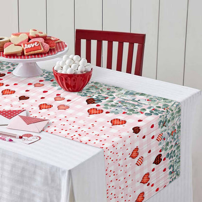 Eucalyptus Love Hearts Valentine's Day Table Runner, Pink Buffalo Plaid Cotton Linen Tablecloth Spring Farmhouse Table Decorations for Home,Kitchen,Dining Room,Indoor,Outdoor,13X108 Inches Extra Long