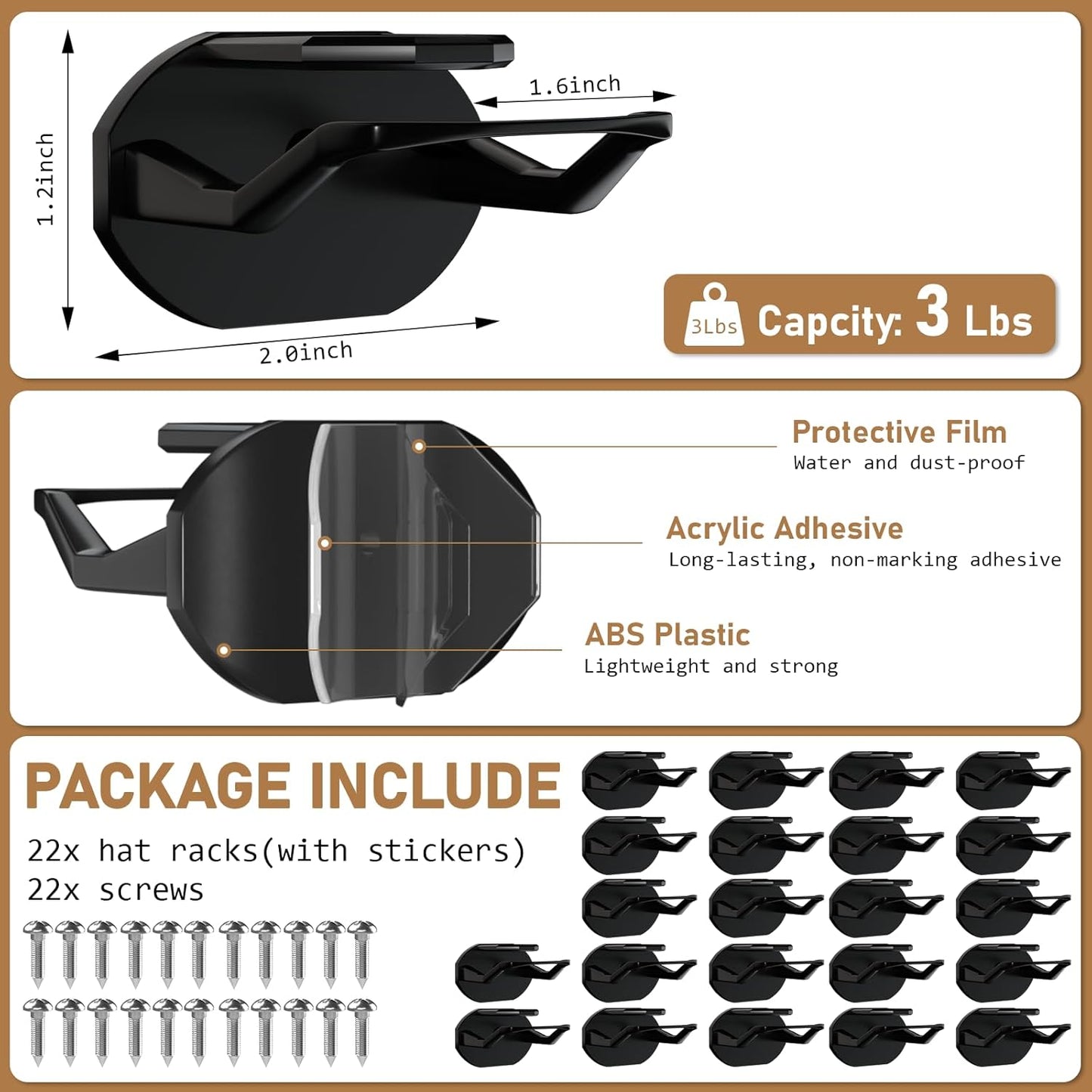 Skiennix 22 Pack Adhesive Hat Hooks - Super Strong Hat Rack for Baseball Caps | No Drilling, Black