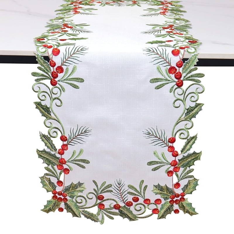 Christmas Table Runner Holly Red Berry White—13x48in, Embroidered 100% Polyester Variation: White+13x48IN