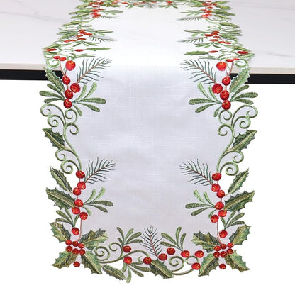 Christmas Table Runner Holly Red Berry White—13x48in, Embroidered 100% Polyester Variation: White+13x48IN