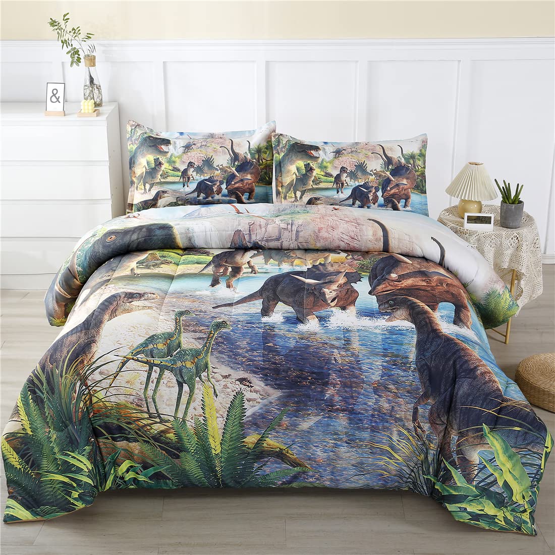WINLIFE Dinosaur Twin Comforter Set Kids Bedding T-Rex 3D Jurassic Dinosaur Comforter Set for Boys Teen, Soft Lightweight Children Bed Sets (2 Pieces, Twin)