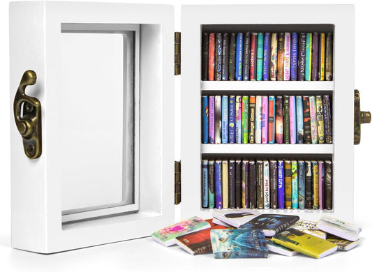 Regine Switzerland Mini Bookshelf - 60PCS Wooden Miniature Book Library for Stress Relief | Unique Gift for Book Lovers - White