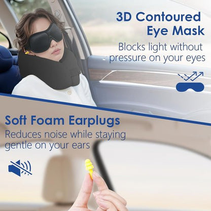 Jiaao Travel Pillow - Memory Foam Neck Support for Airplanes | Includes Eye Mask, Earplugs & Storage Bag