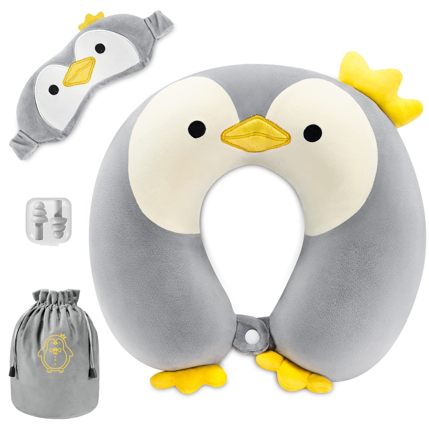 urnexttour Travel Neck Pillow for Kids, Best Memory Foam Pillow with Cute Sleep Mask & Earplugs, Lightweight Travelling Pillow Set for Airplane, Car, Train, Bus and Home Use (Penguin)