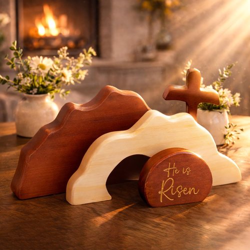 RUSATEN He is Risen Easter Decor – Wooden Resurrection Scene with Empty Tomb, Cross & Figurines, Christian Religious Tabletop Decoration for Home Christian Easter Basket Stuffer